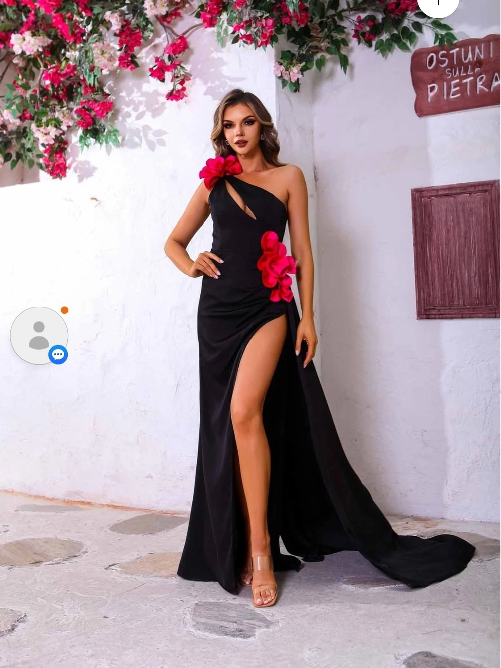Terani Couture Black One-Shoulder Gown with Fuchsia Floral Appliqués